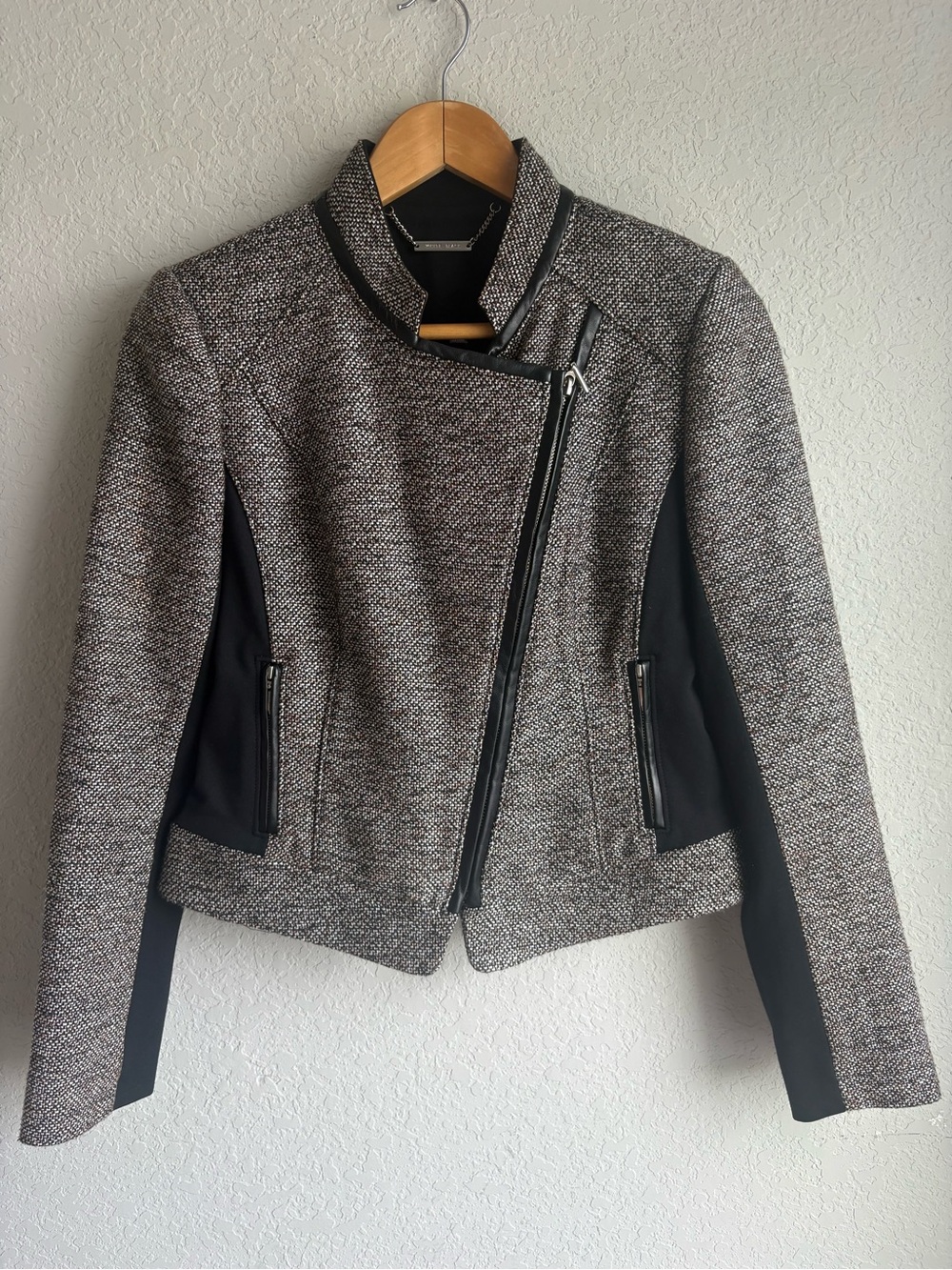 White House Black Market Moto Jacket Women’s 4 Tweed Faux Leather Trim Zip